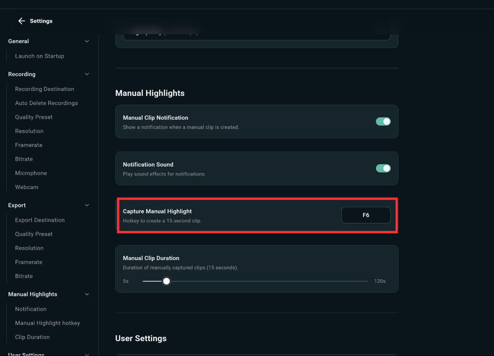 Settings page in Replay where you can edit your manual hotkey for clipping